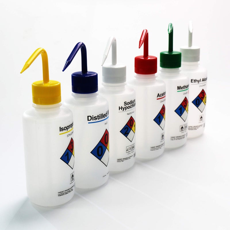 ULAB Scientific Right-to-Know Safety Wash Bottle Set, Acetone, Ethyl Alcohol, Methanol, Isopropanol, Distilled Water, Sodium Hypochloride, Vol.500ml with Draw Tube, UWB1001 - Image 2